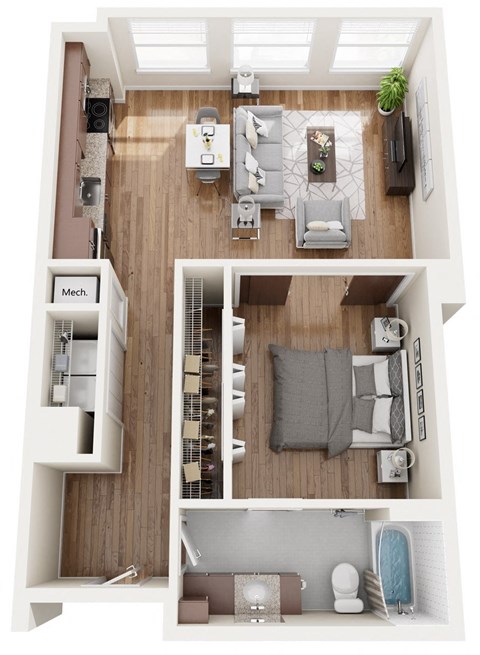 Floor plan for 1 bed, 1 bath, 720 sqft